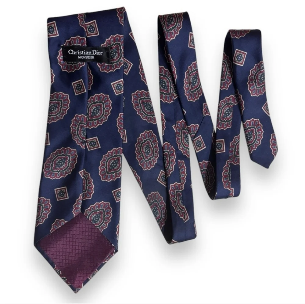 CHRISTIAN DIOR Tan & Dark Red Medallion Print Silk Tie VINTAGE